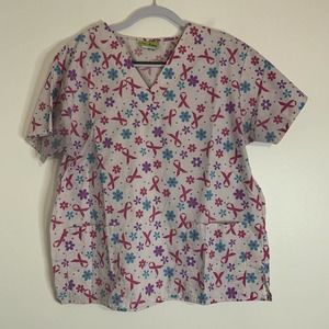 Pro Active Pink Cancer Awareness Floral V-Neck Scrub Top Medical Uniform XL